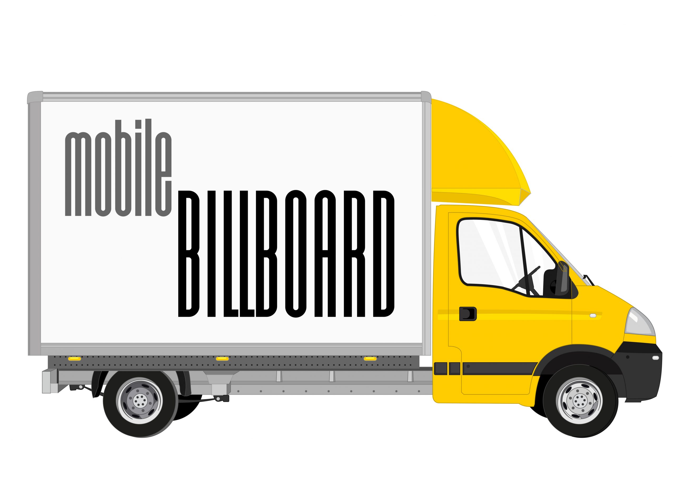 L&L Signs & Neon Ltd | Blank mobile billboard template isolated on white background. Yellow Truck with solid and flat color design.